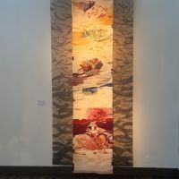 Tidsflöde (pulserande tid och vilande tid), Gobeläng, triptyk, handmålade sidolängder
Storlek: 2,60 x 1,20. (VMT´s utställning "TID" i Ronneby Konsthall-2017)